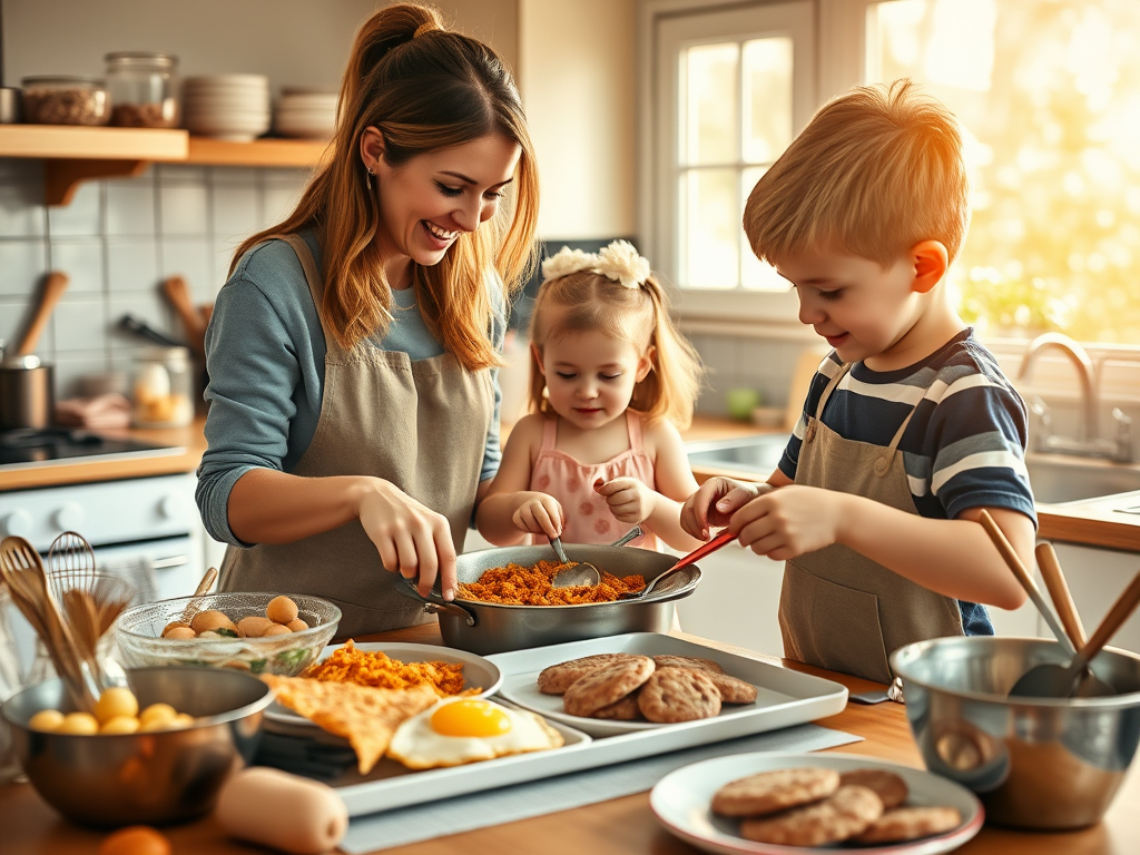 Homemade Family Breakfast with Child Sous Chefs (Hashbrowns, Sausage,&nbsp;Eggs)