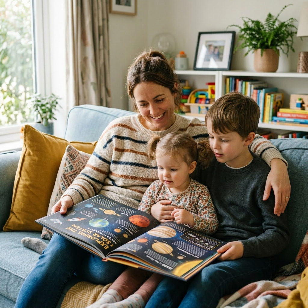 Mother reading a solar system book with her children on the couch